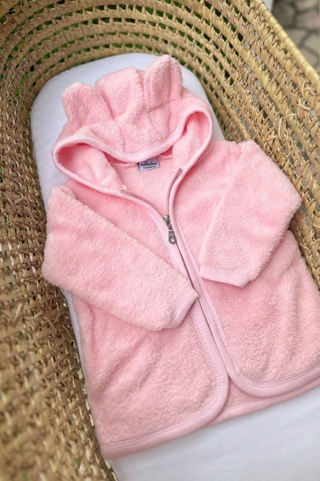 Fermuarlı Peluş Teddy Kulaklı Hırka Ceket Pembe