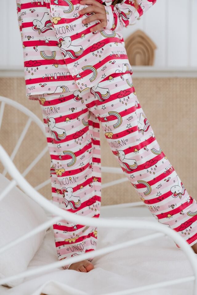 Bambu Kumaş Önden Düğmeli Kız Çocuk Pijama Takımı