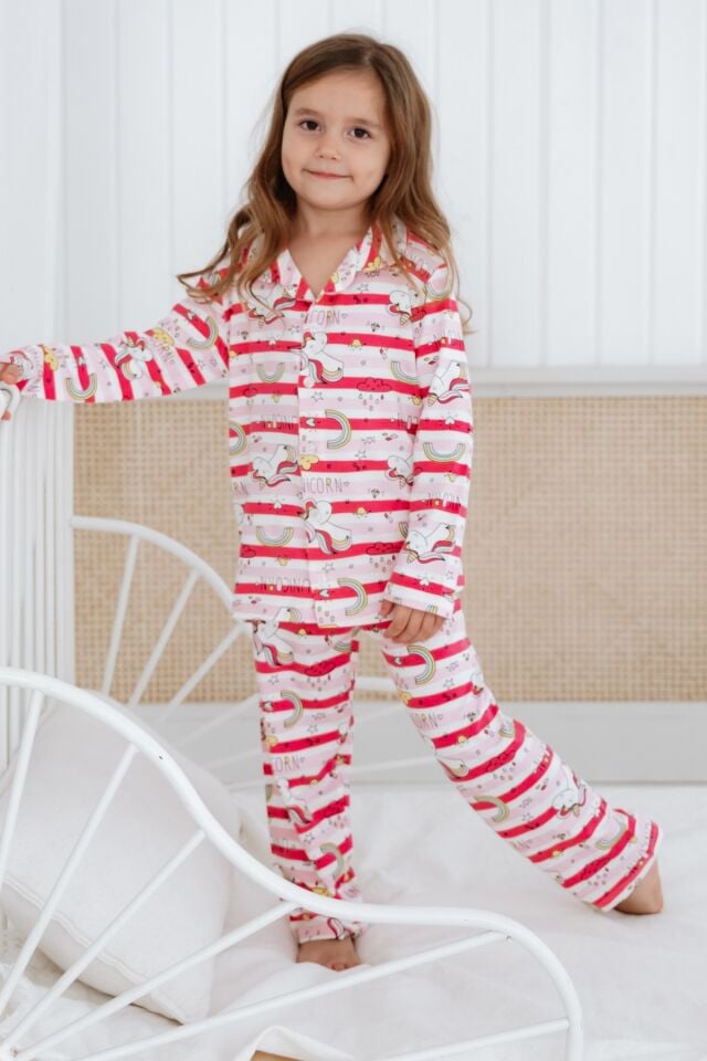 Bambu Kumaş Önden Düğmeli Kız Çocuk Pijama Takımı