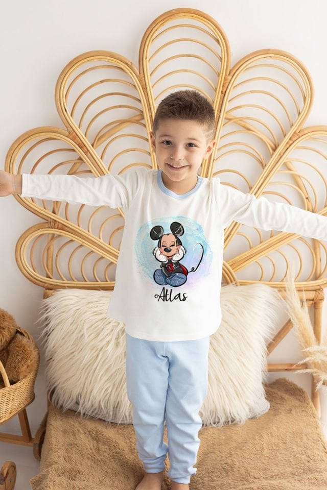 İsme Özel Erkek Çocuk Pijama Takımı %100 Organik Pamuk Mavi - 7-8 Yaş