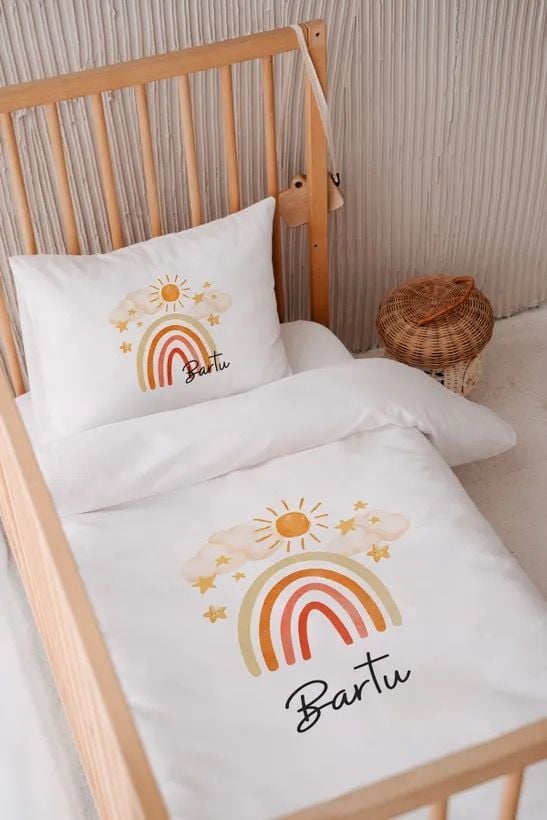 %100 Pamuk Saten İsme Özel 100x150 Bebek Yatak Nevresim Seti Gökkuşağı