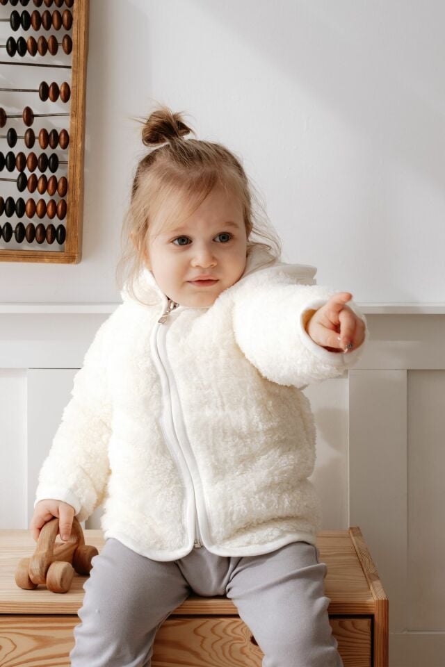 Fermuarlı Peluş Teddy Kulaklı Astarlı Hırka Ceket Ekru
