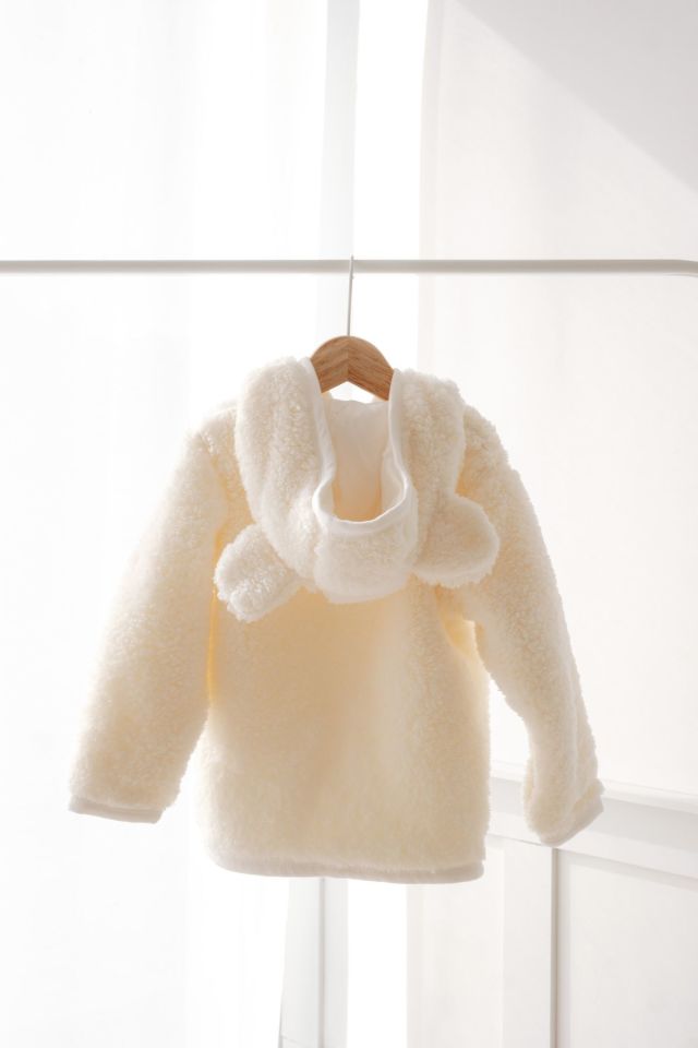 Fermuarlı Peluş Teddy Kulaklı Astarlı Hırka Ceket Ekru