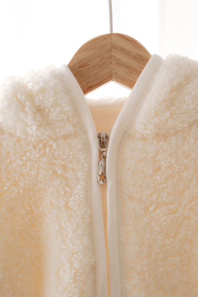 Fermuarlı Peluş Teddy Kulaklı Astarlı Hırka Ceket Ekru