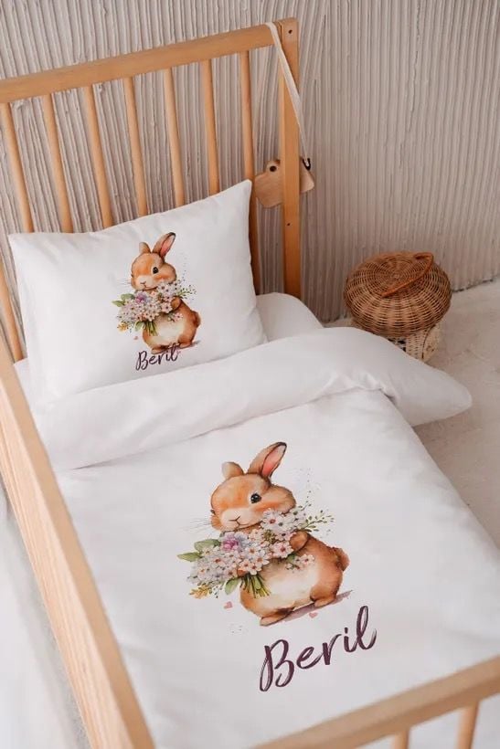 %100 Pamuk Saten İsme Özel 100x150 Bebek Yatak Nevresim Seti Tavşan