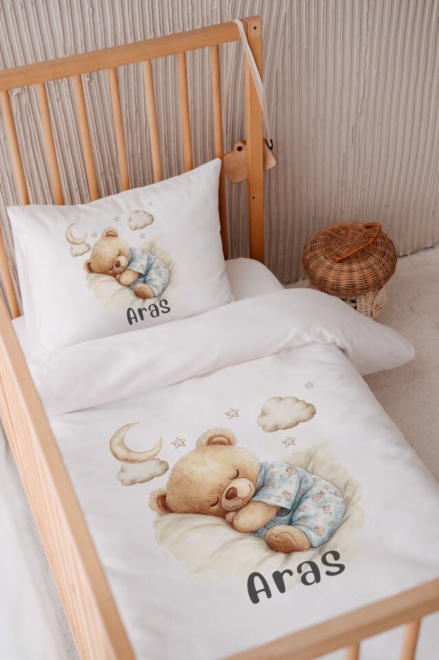 İsme Özel 100x150 Bebek Yatak Nevresim Seti Uykucu Aycık