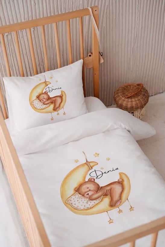 %100 Pamuk Saten İsme Özel 100x150 Bebek Yatak Nevresim Seti Ayıcık