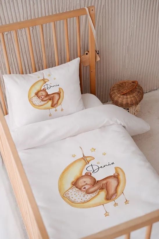 %100 Pamuk Saten İsme Özel 100x150 Bebek Yatak Nevresim Seti Ayıcık