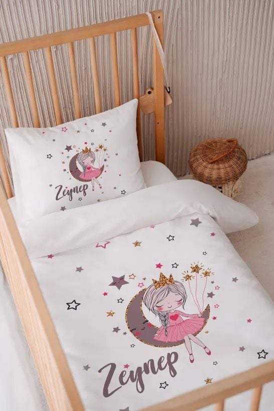 %100 Pamuk Saten İsme Özel 100x150 Bebek Yatak Nevresim Seti Prenses