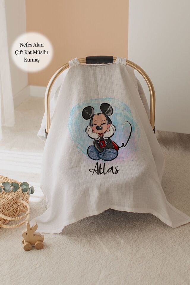 %100 Pamuk İsme Özel Çift Katlı Müslin Puset Örtüsü - Mickey Mouse