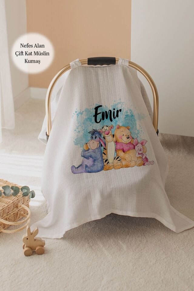 %100 Pamuk İsme Özel Çift Katlı Müslin Puset Örtüsü - Winnie The Pooh
