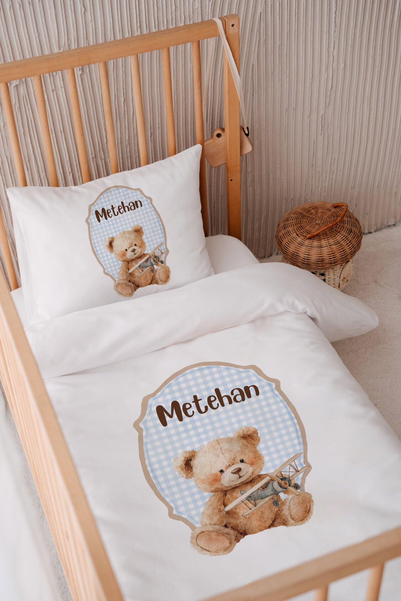 İsme Özel 100x150 Bebek Yatak Nevresim Seti Pilot Ayıcık