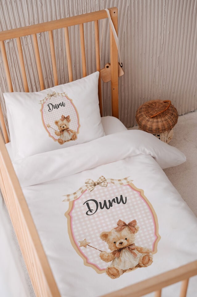 İsme Özel 100x150 Bebek Yatak Nevresim Seti Peri Ayıcık