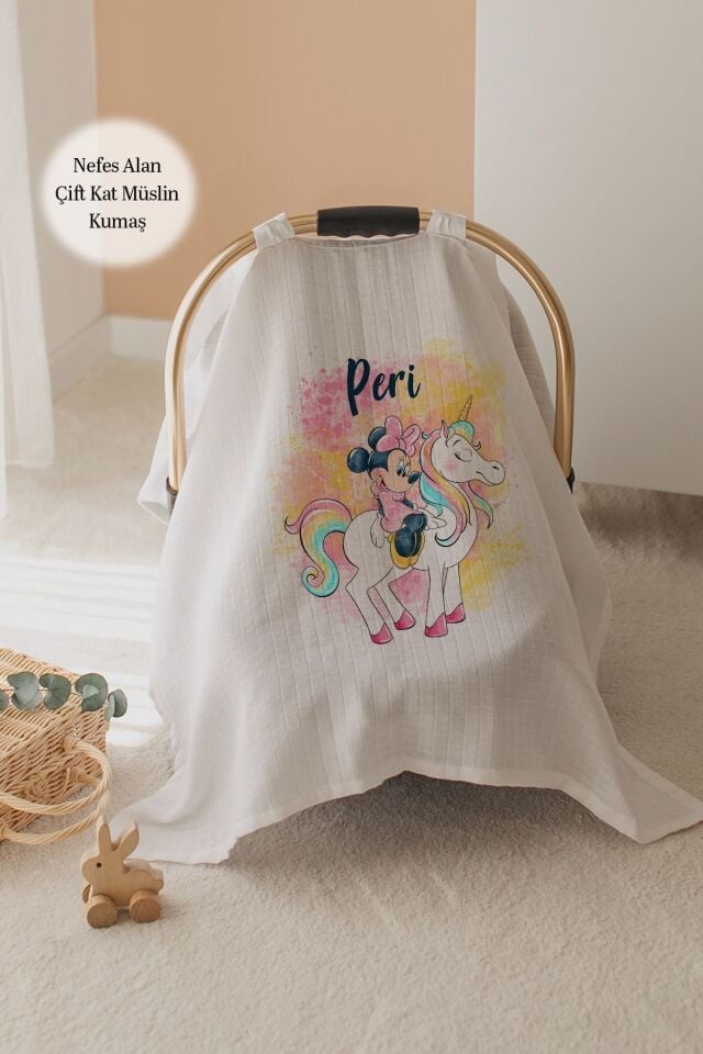 %100 Pamuk İsme Özel Çift Katlı Müslin Puset Örtüsü - Minnie Mouse