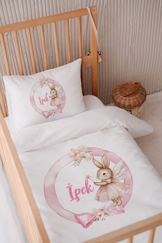 İsme Özel 100x150 Bebek Yatak Nevresim Seti Peri Tavşan