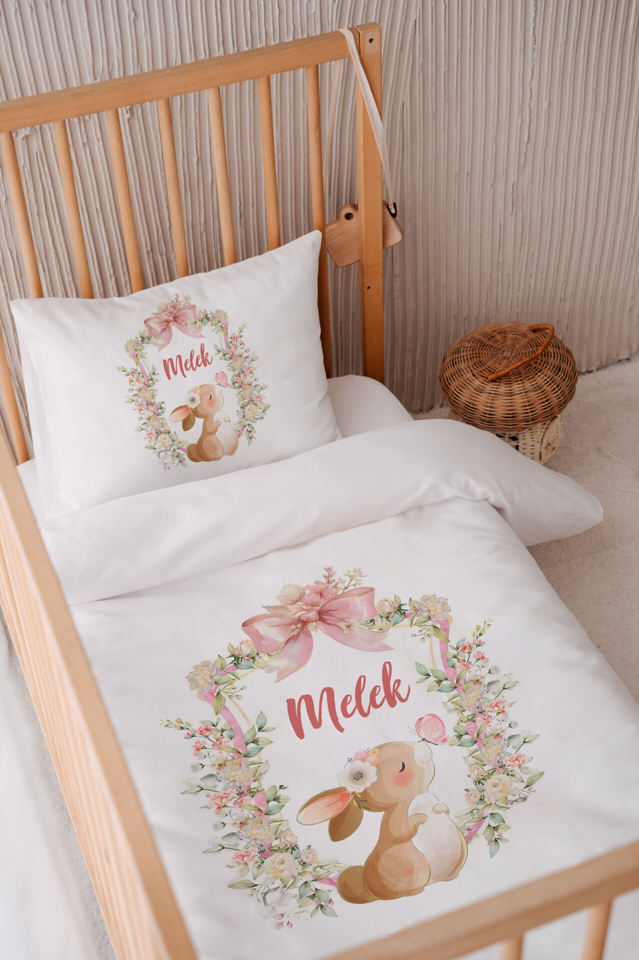 İsme Özel 100x150 Bebek Yatak Nevresim Seti Sevimli Tavşan