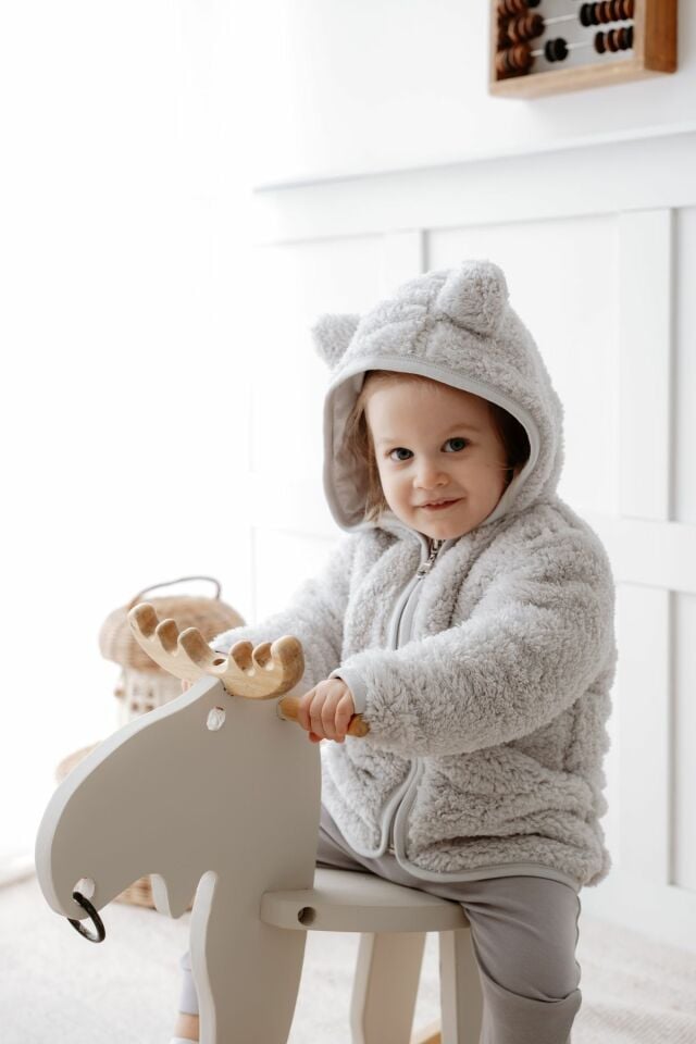 Fermuarlı Peluş Teddy Kulaklı Astarlı Hırka Ceket Gri