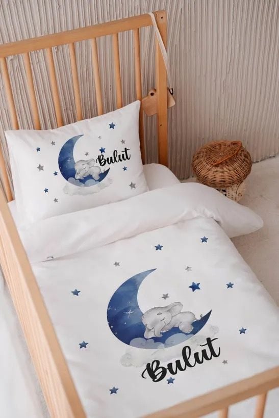 %100 Pamuk Saten İsme Özel 100x150 Bebek Yatak Nevresim Seti Fil