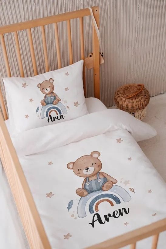 %100 Pamuk Saten İsme Özel 100x150 Bebek Yatak Nevresim Seti Ayıcık