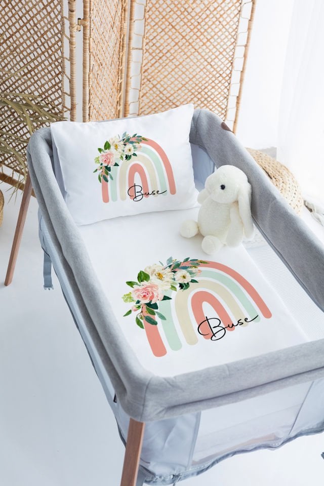 %100 Delux Pamuk İsme Özel 70x120 Park Yatak Nevresim Takımı Gökkuşağı