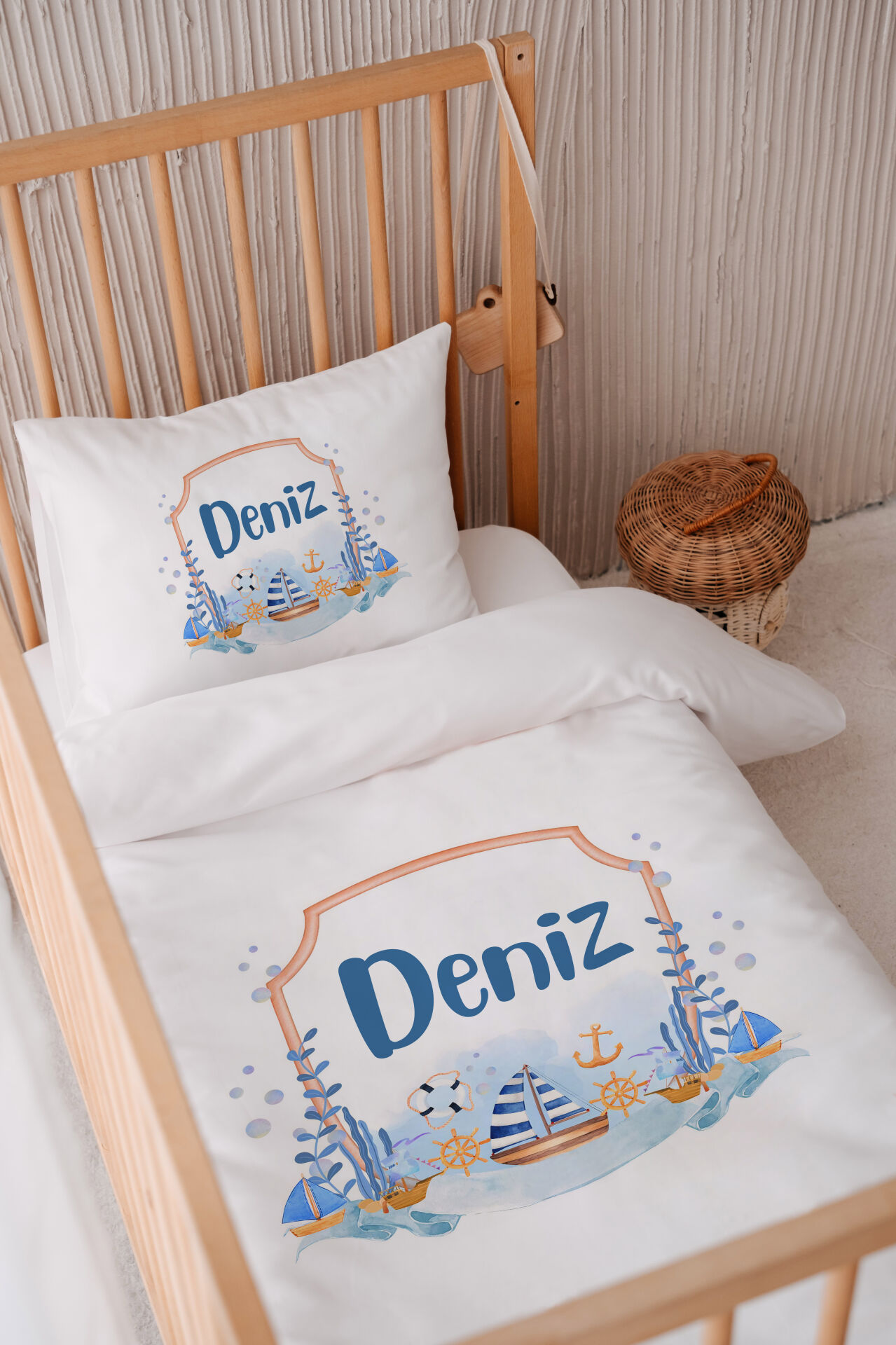 İsme Özel 100x150 Bebek Yatak Nevresim Seti Denizci