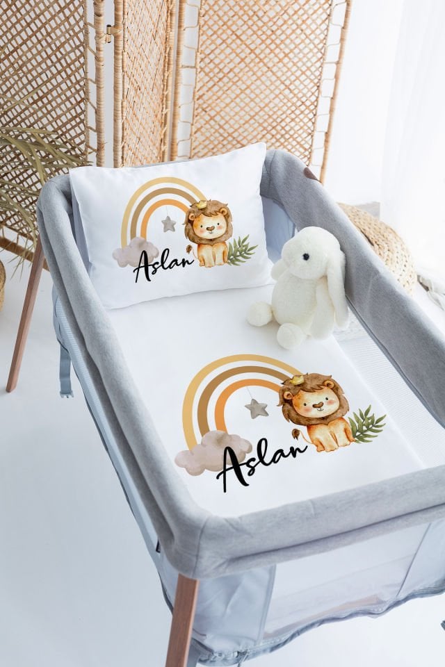 %100 Delux Pamuk İsme Özel 70x120 Park Yatak Nevresim Takımı Aslan