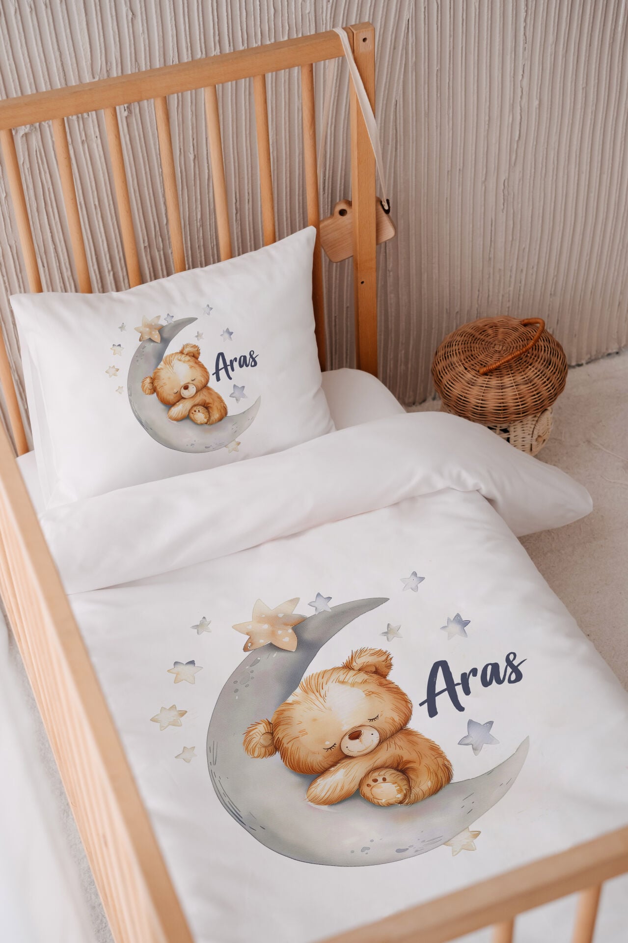 İsme Özel 100x150 Bebek Yatak Nevresim Seti Sevimli Ayıcık