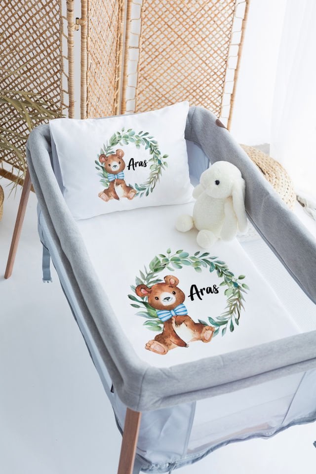 %100 Delux Pamuk İsme Özel 70x120 Park Yatak Nevresim Takımı Ayıcık