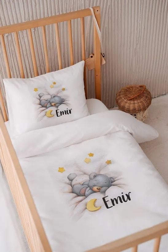 %100 Pamuk Saten İsme Özel 100x150 Bebek Yatak Nevresim Seti Ayıcık