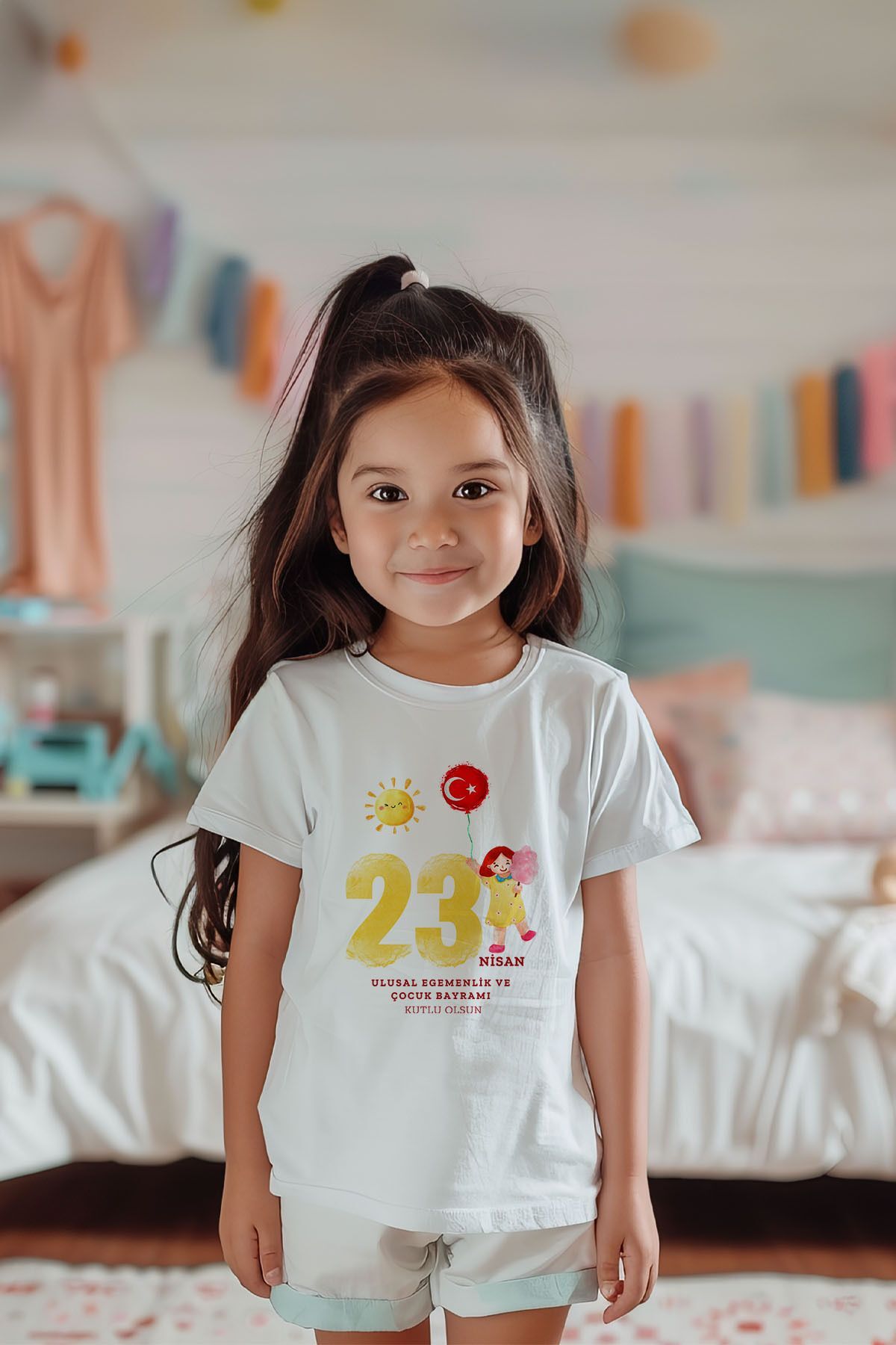 %100 Pamuk Kız Çocuk 23 Nisan Baskılı Kısa Kollu Tişört