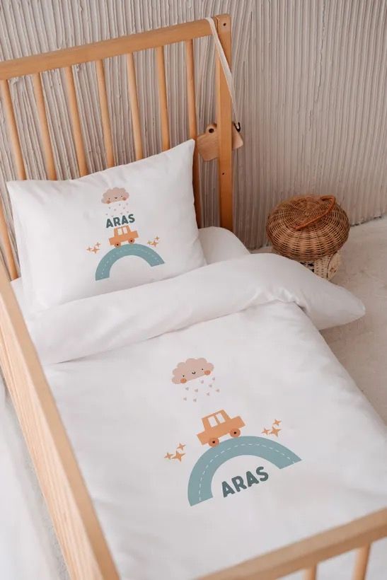 %100 Pamuk Saten İsme Özel 100x150 Bebek Yatak Nevresim Seti Araba