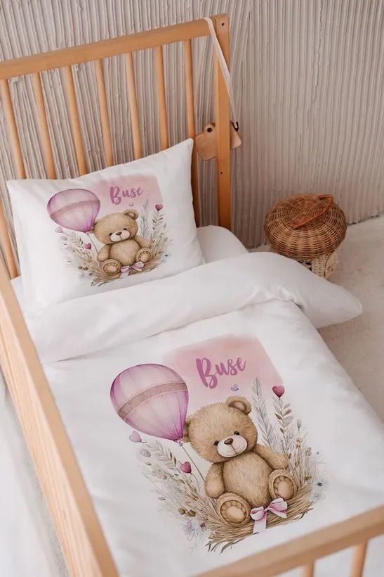%100 Pamuk Saten İsme Özel 100x150 Bebek Yatak Nevresim Seti Ayıcık