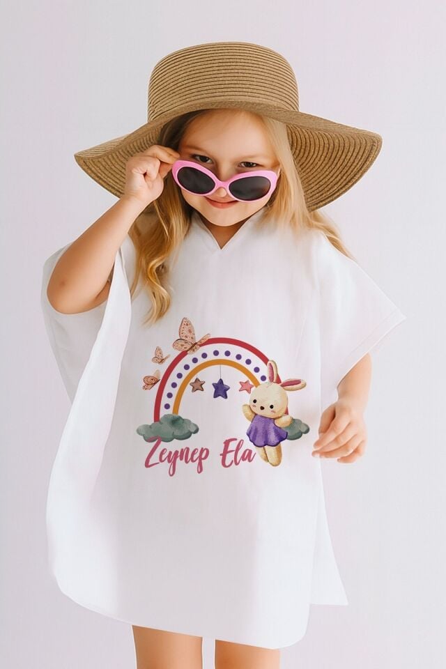 İsme Özel %100 Pamuk Müslin Kapüşonlu Kız Çocuk Panço Bornoz Tavşan