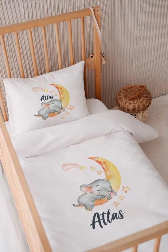 %100 Pamuk Saten İsme Özel 100x150 Bebek Yatak Nevresim Seti Fil