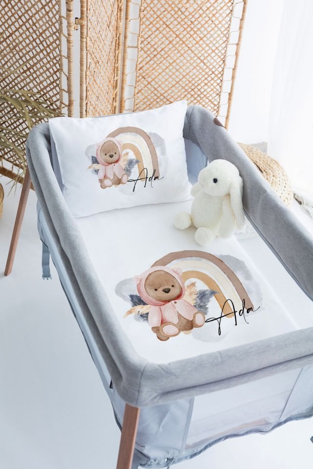%100 Delux Pamuk İsme Özel 70x120 Park Yatak Nevresim Takımı Ayıcık