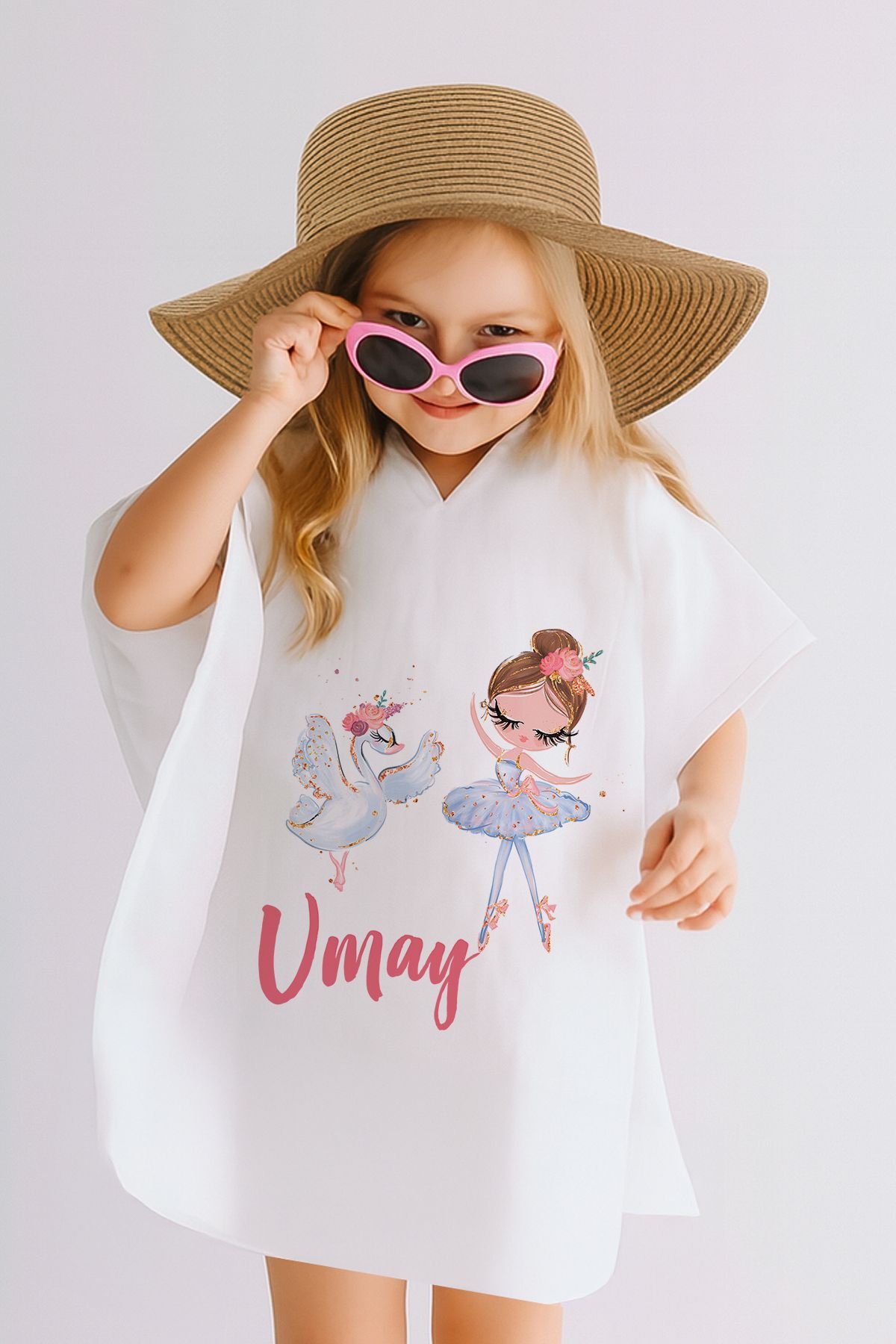 İsme Özel %100 Pamuk Müslin Kapüşonlu Kız Çocuk Panço Bornoz Balerin