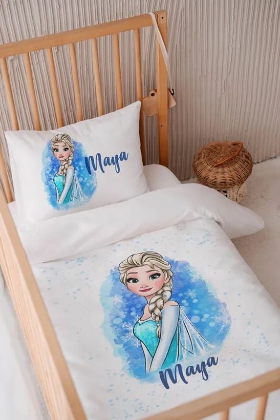 %100 Pamuk Saten İsme Özel 100x150 Bebek Yatak Nevresim Seti Elsa