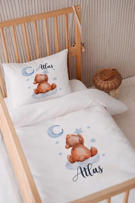 %100 Pamuk Saten İsme Özel 100x150 Bebek Yatak Nevresim Seti Ayıcık