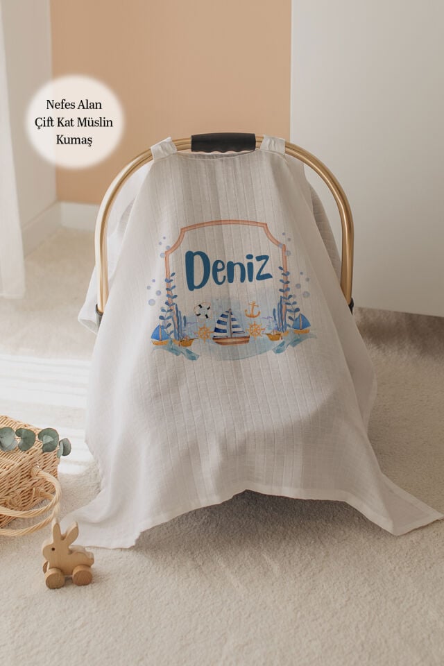 %100 Pamuk İsme Özel Çift Katlı Müslin Puset Örtüsü - Denizci