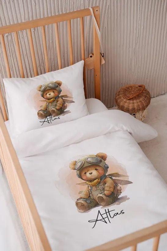 %100 Pamuk Saten İsme Özel 100x150 Bebek Yatak Nevresim Seti Ayıcık
