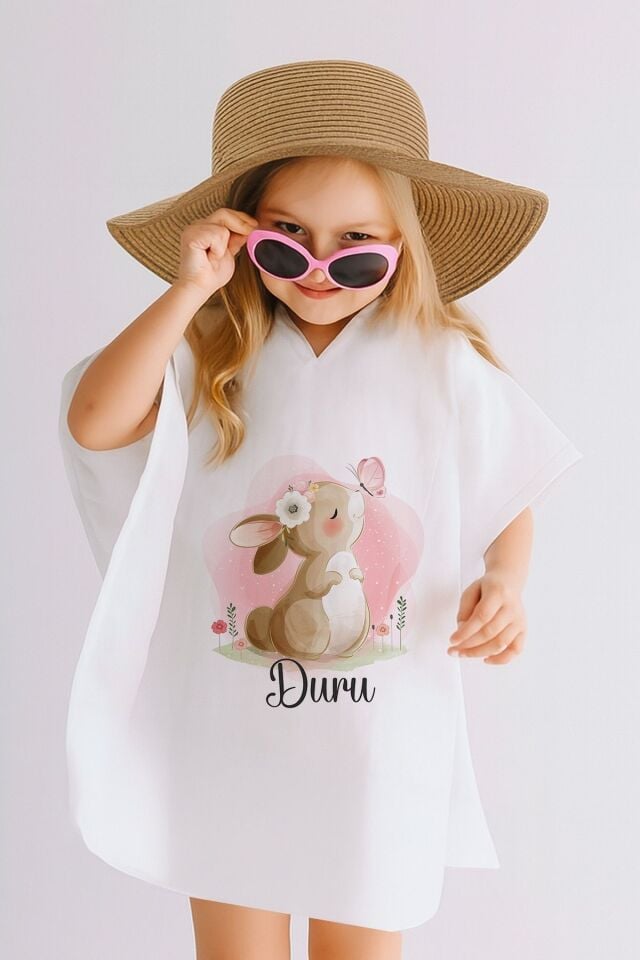 İsme Özel %100 Pamuk Müslin Kapüşonlu Kız Çocuk Panço Bornoz Tavşan