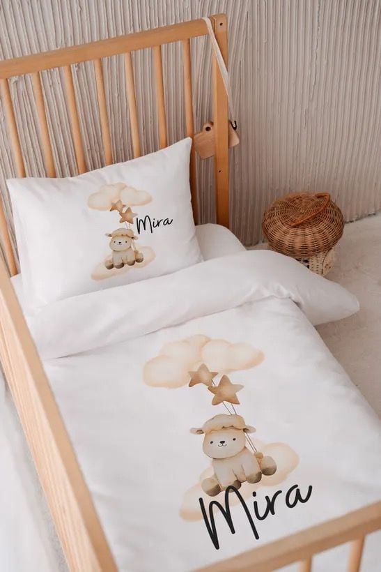 %100 Pamuk Saten İsme Özel 100x150 Bebek Yatak Nevresim Seti Kuzu