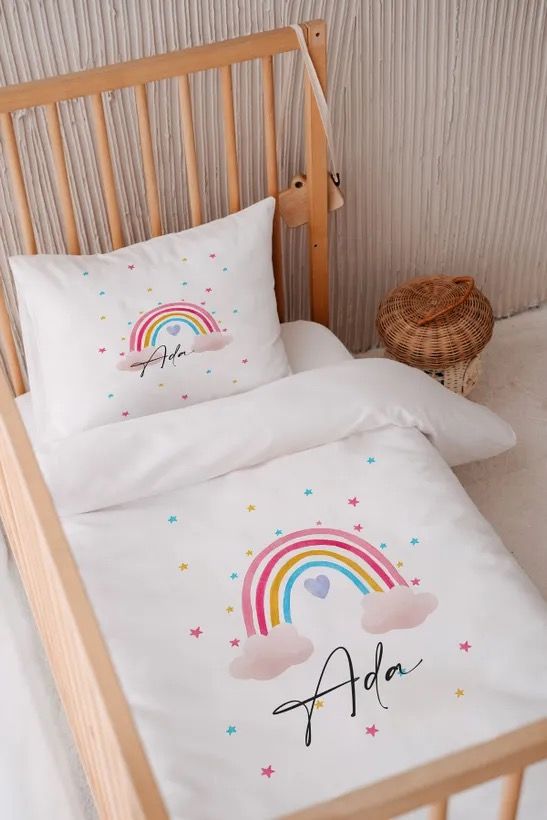 İsme Özel 100x150 Bebek Yatak Nevresim Seti Bulut Gökkuşağı