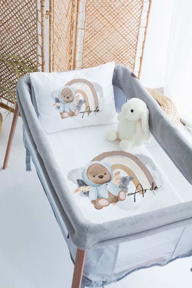%100 Delux Pamuk İsme Özel 70x120 Park Yatak Nevresim Takımı Ayıcık