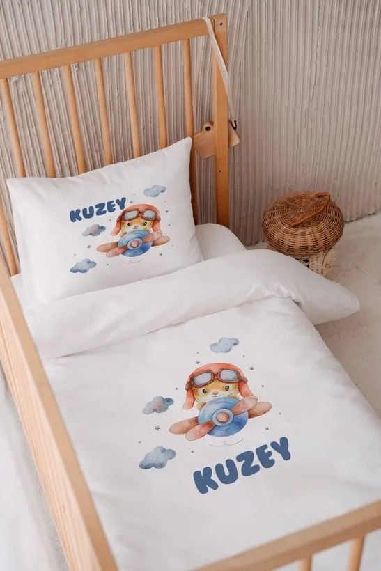 İsme Özel 100x150 Bebek Yatak Nevresim Seti Pilot Tavşan