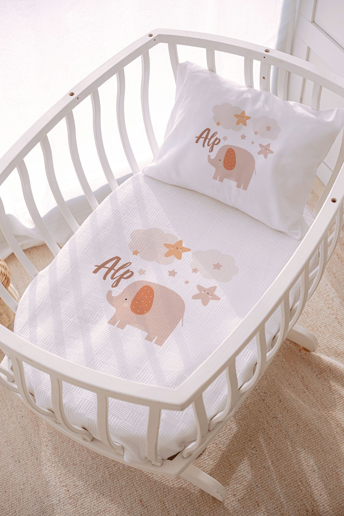 İsme Özel Park Yatak ve Anne Yanı Pike Seti (70x120 cm) Fil