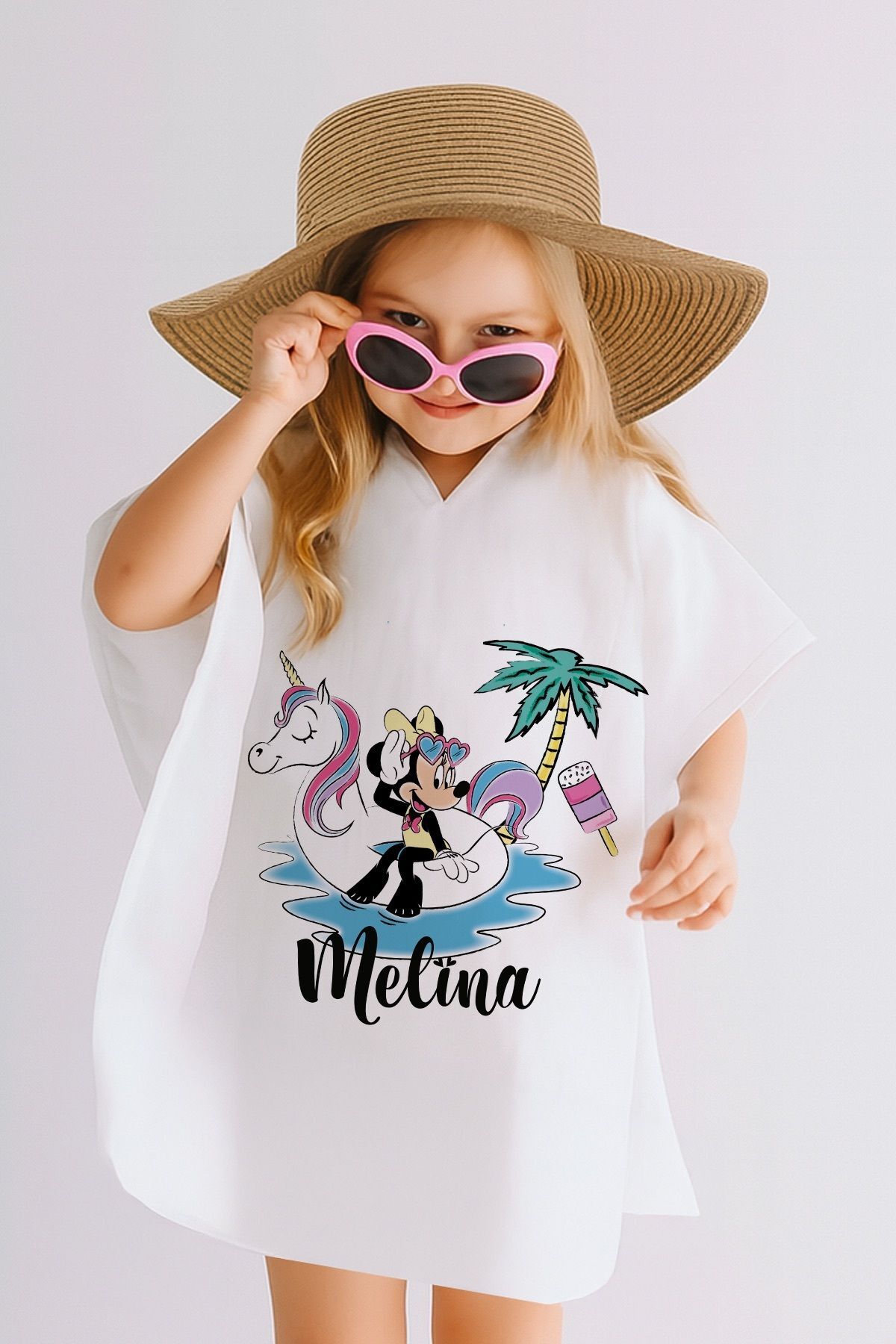 İsme Özel %100 Pamuk Müslin Kapüşonlu Kız Çocuk Panço Bornoz Minnie Mouse 3-4 Yaş - Krem