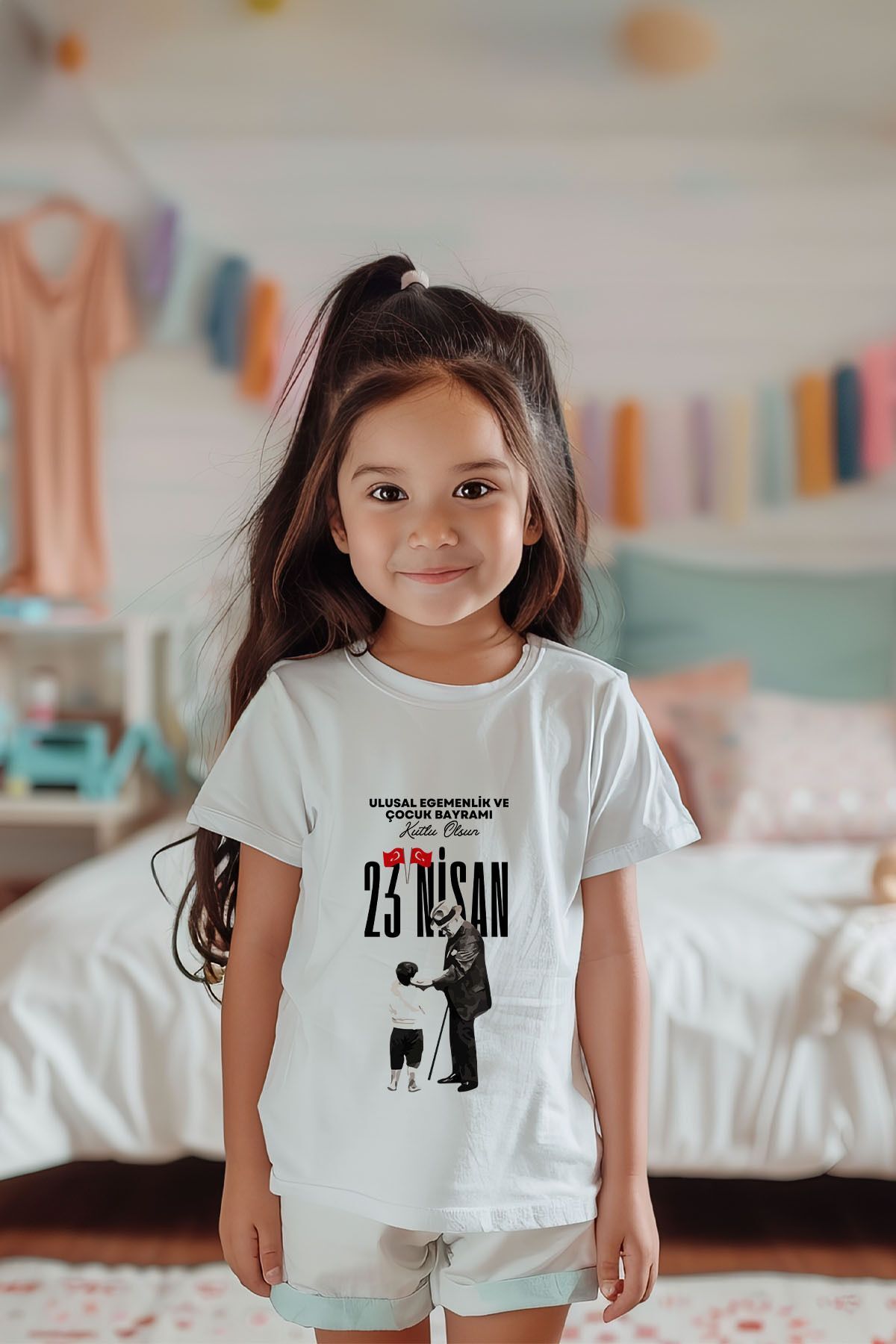 %100 Pamuk Kız Çocuk 23 Nisan Baskılı Kısa Kollu Tişört