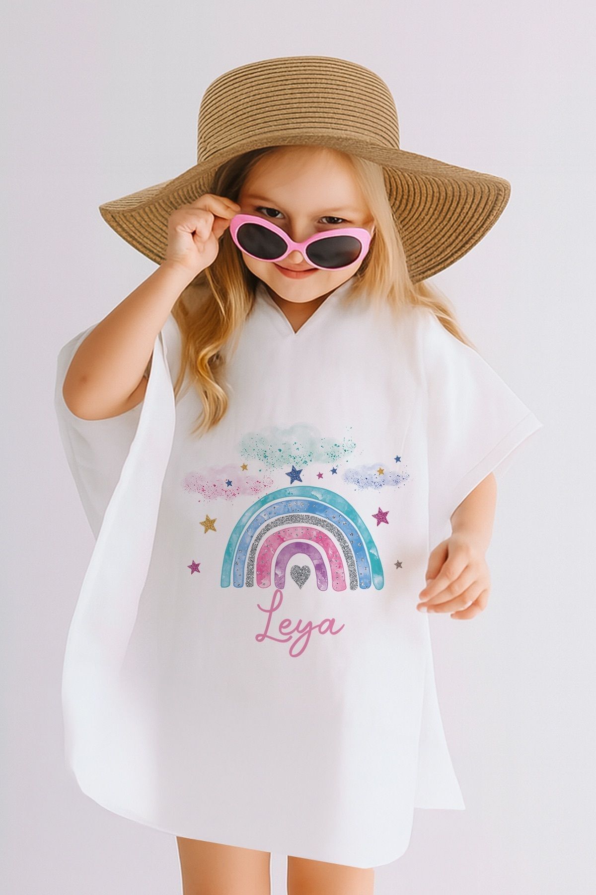 İsme Özel %100 Pamuk Müslin Kapüşonlu Kız Çocuk Panço Bornoz Gökkuşağı