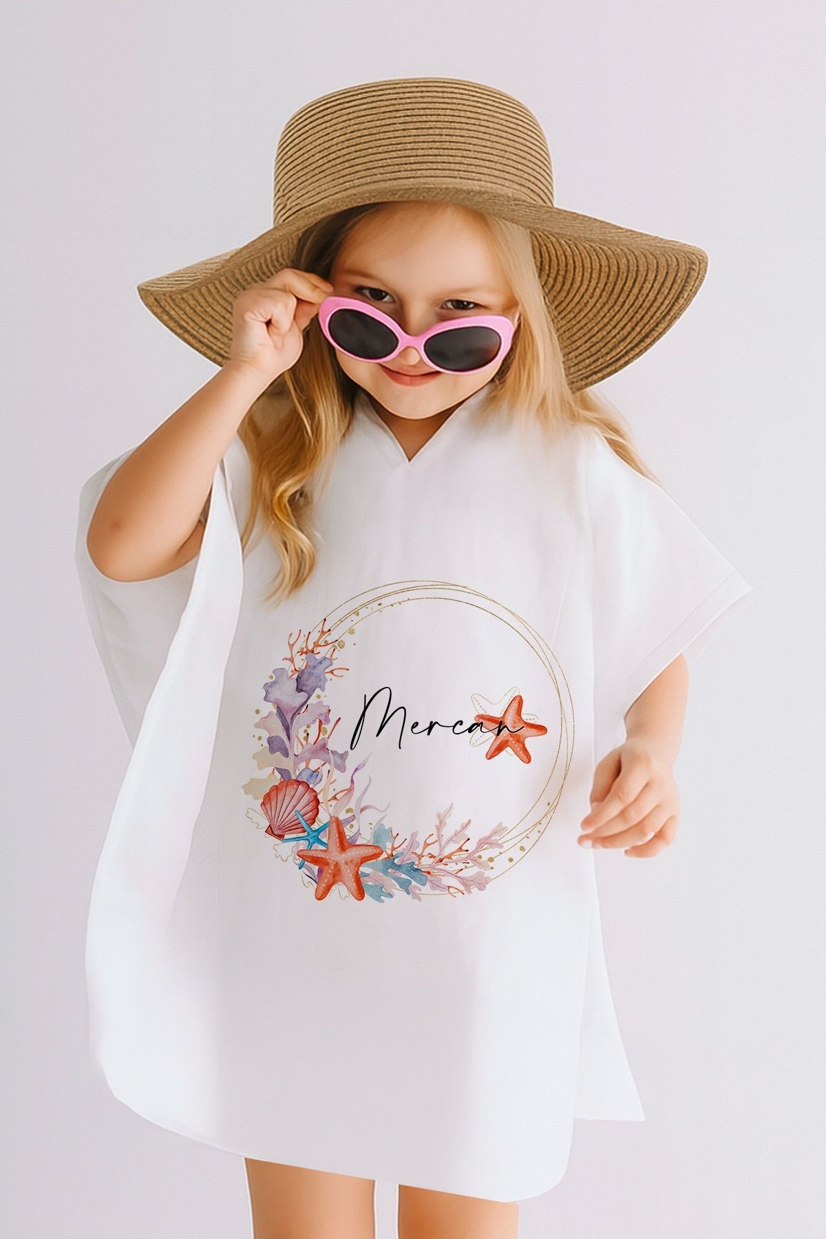 İsme Özel %100 Pamuk Müslin Kapüşonlu Kız Çocuk Panço Bornoz Deniz Yıldızı